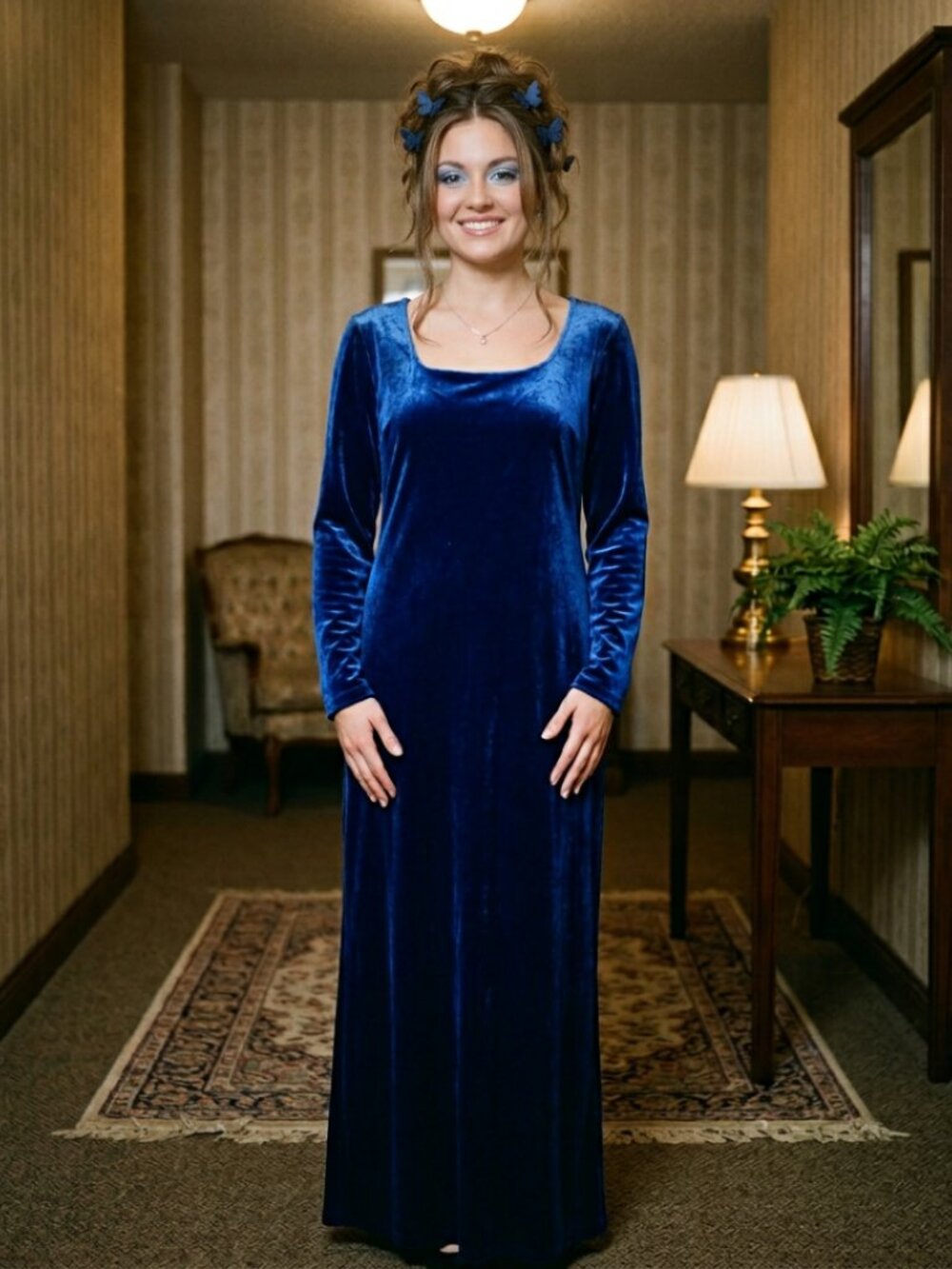 Vtg 90s y2k Gantos electric blue velour long sleeve maxi dress